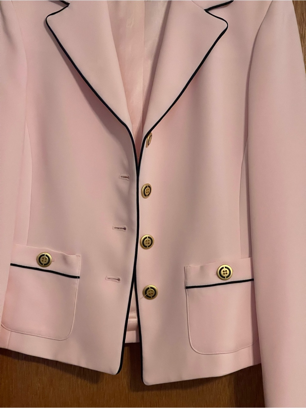 Petite Sophisticate Light Pink Blazer with Black Piping